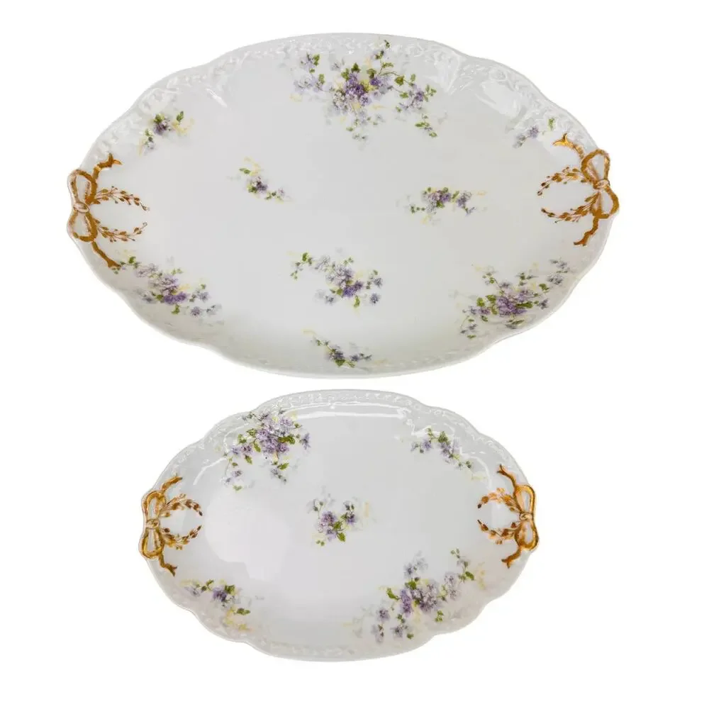 2 LIMOGES Antique CH Field Haviland Purple Flower Gold Accent Scalloped Platters